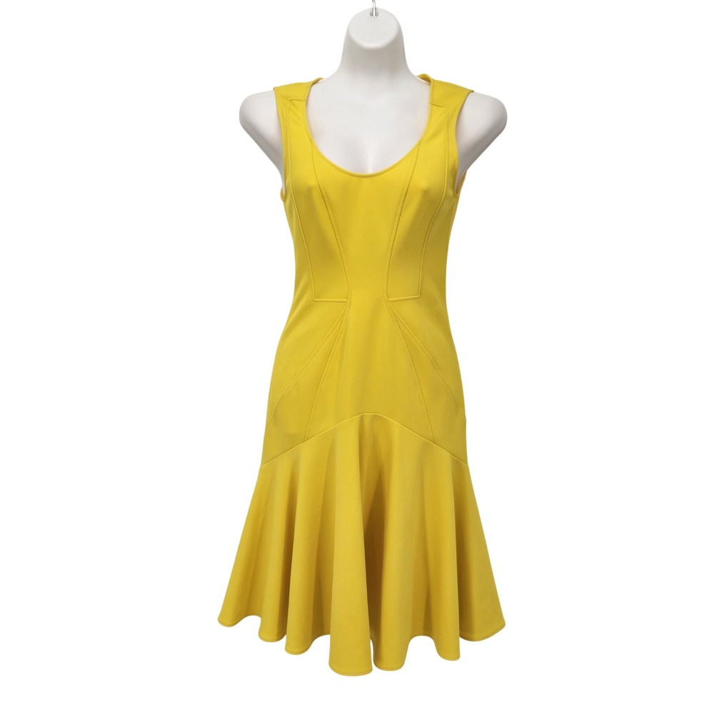 Zac Posen Yellow Seamed Fit Flare Trumpet Dress Sleeveless Cocktail Stretch Knit